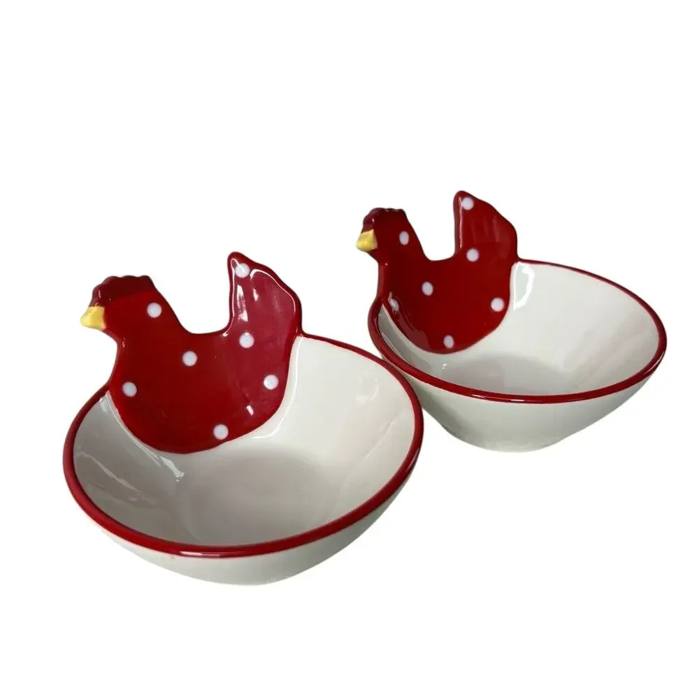 Sur La Table Red White Chicken Shaped Bowls Set of 2 Rooster Polka Dot Farmhouse
